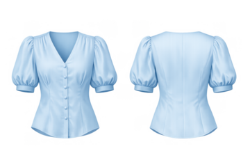 Light blue blouse presenting elegant v-neck, button-down front, and short puff sleeves for women's apparel design