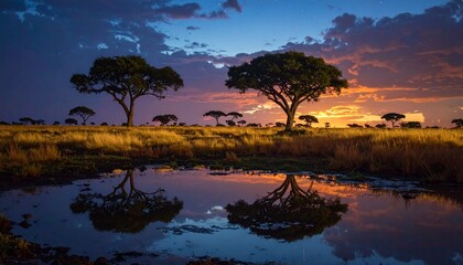 Serene African Sunset with Reflective Water and Silhouetted Acacia Trees at Dusk