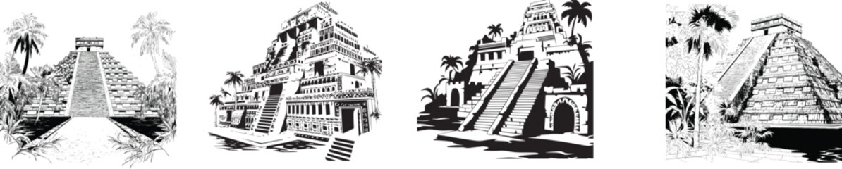 Ancient Wonders: Ink-drawn illustrations showcase the grandeur of ancient architectural marvels, their silhouettes speaking of forgotten civilizations and the enduring legacy of history.