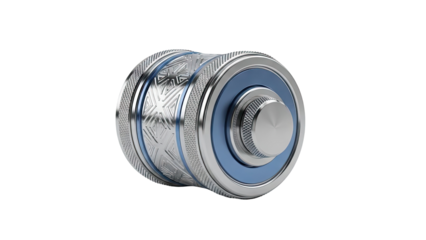 Metallic Cylinder with Blue Accents and Geometric Pattern
