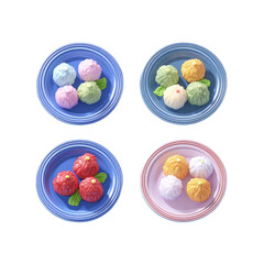 Four plates of colorful round food items presented from a top-down perspective