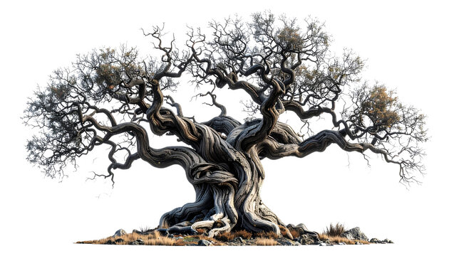 A black silhouette vector illustration of an old tree with deep roots and twisted branches featuring nature design elements like leaves and birds in a dark cartoon art style