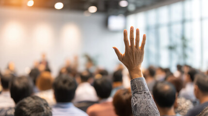 Audience in Conference: Focus on an individual raising their hand to actively participate in a conference. Capturing the spirit of engagement, knowledge-sharing and community.