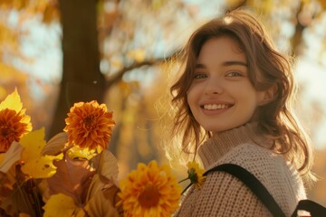 Beautiful Woman Looking Back and Smiling in a Scenic Autumn Park with Orange Dahlias and Sun Flare