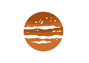 A cartoon illustration of a large, gaseous planet with swirling bands and white spots against black