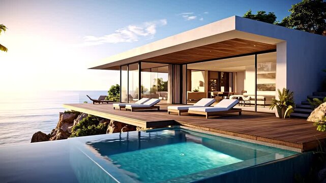 Modern coastal residence features a pool overlooking the ocean, with sun loungers on a deck