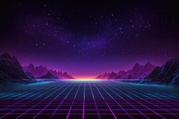 Geometric landscape with mountain silhouettes and a starry night sky