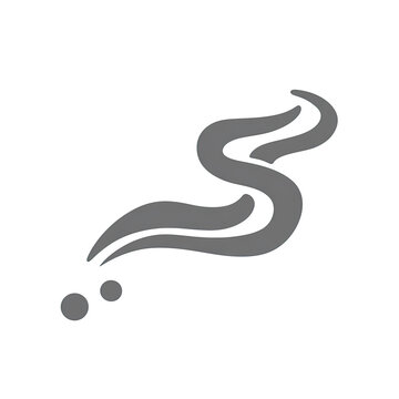 Gray, stylized symbol resembling smoke, with three dot-like shapes, against a black background