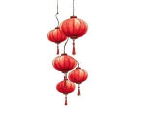 Watercolor illustration of five hanging, round, red paper lanterns on a black background