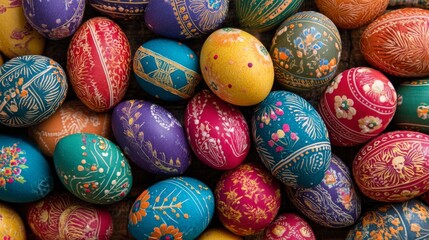 Colorful decorated easter eggs piled together in full frame, festive spring holiday background with vibrant pastel patterns and seasonal celebration theme