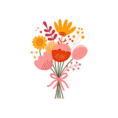 Colorful floral bouquet tied with a pink ribbon, vector style against black background