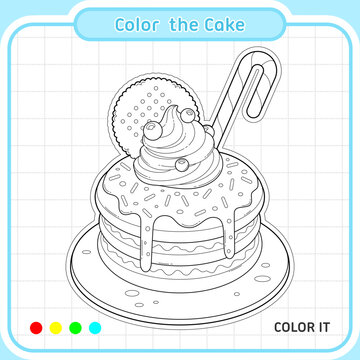 Color the Cake Coloring Page for Kids, Cute Dessert Vector Illustration for Printable Children Activity Worksheet
