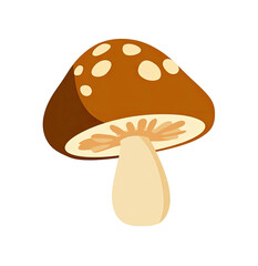 Brown cartoon mushroom illustration with white spots on the cap and a white stem against black