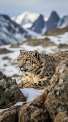 Fototapeta premium Majestic Snow Leopard Resting on Rocks in a Snowy Mountain Landscape, Observing its Natural Habitat Serene and Wild