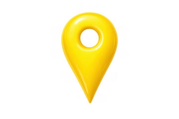 Yellow 3d location pin icon representing destination, navigation, and travel, with a glossy finish on transparent background