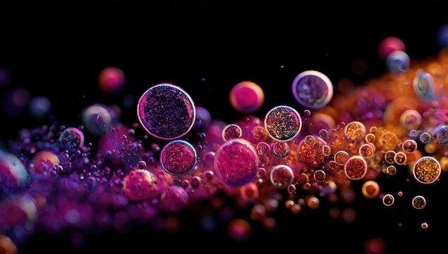 Macro abstract of colorful, spherical bubbles floating in a fluid against a black backdrop - Powered by Adobe