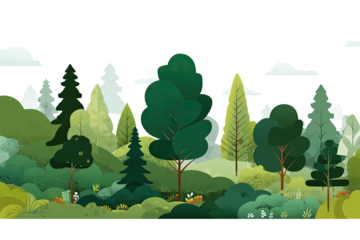 A stylized illustration of a forest with various trees and shrubbery under a cloudy sky