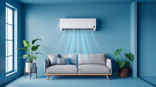 A modern minimalist living room interior with a light blue wall and floor