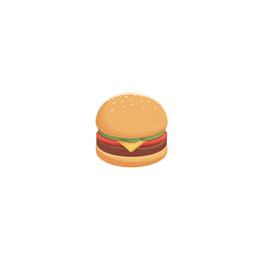 Isometric illustration of a burger on a dark background. Details include buns, patty, cheese, and vegetables