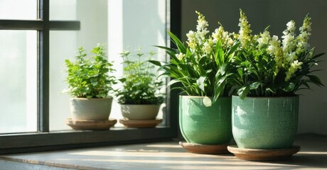 Fototapeta premium Plants sit windowsill, bathed sunlight. Green foliage contrasts neutral tones. Peaceful indoor garden scene.