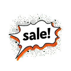 Comic book style "sale!" speech bubble with orange outline on a textured black backdrop