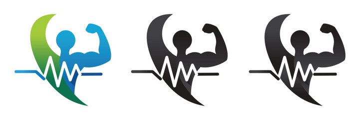 Vital Strength Fitness Logo Set - Professional Bodybuilder Icon with EKG Heartbeat Pulse for Gym Training and Wellness Brand Identity