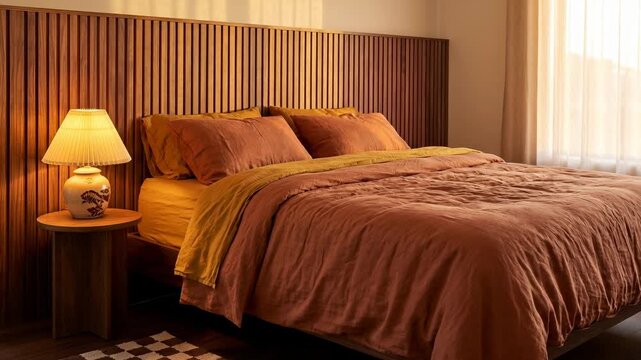 A cozy bedroom features a brown bedspread on a large bed with wooden accents and soft lighting. The room is inviting and well lit through large windows and a bedside lamp