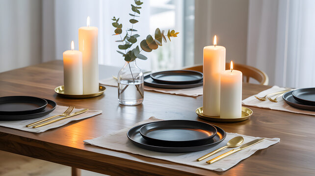 Elegant dining table setup with white burning candles black plates and gold silverware