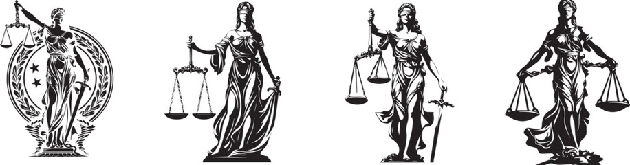 Justice Embodied: A collection of images portraying the symbolic figure of Justice, each embodying balance, fairness, and the principles of law.