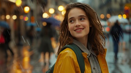 Candid Portrait of a Smiling Young Woman in a Yellow Raincoat Walking Through a Rainy City at Night