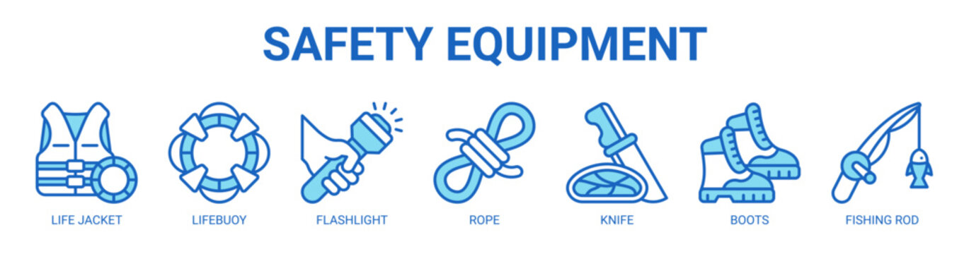 Safety Equipment web banner icon vector illustration concept with icon of first aid kit, life jacket, lifebuoy, flashlight, rope, knife, boots.