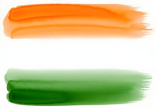 Indian Flag Colors Watercolor Brush Strokes, Saffron and Green Artistic Splatter on White Background