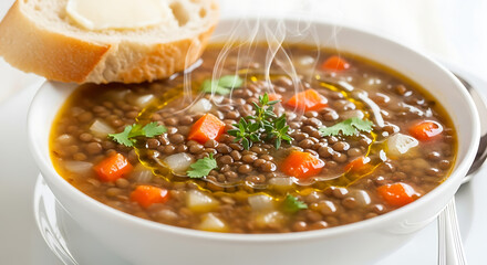 Warm lentil soup with fresh bread