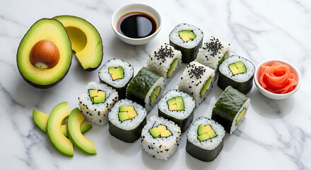 Freshly prepared avocado sushi rolls