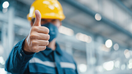 Factory worker with thumb up: An industrial worker, donning safety attire, confidently offers a thumbs-up gesture, symbolizing approval or agreement within a manufacturing environment.