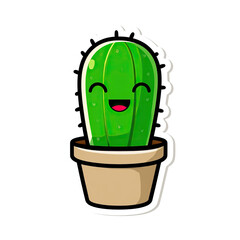 Cheerful cartoon cactus smiling with wide mouth, in a terracotta pot, on a black background