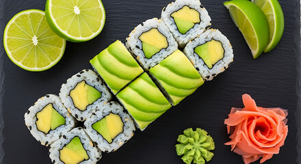 Fresh avocado rolls with lime and garnish