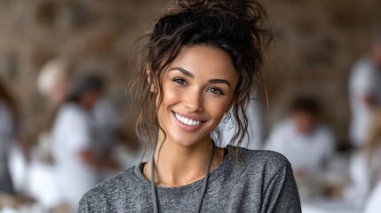 Beautiful smiling woman with dark curly hair pulled up in a messy bun looking directly at the camera with a bright genuine expression