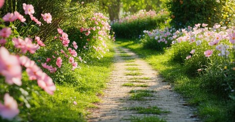 Fototapeta premium Floral path extends into distance. Lush greenery surrounds stone walkway. Sunlight filters through trees, creating serene scene.