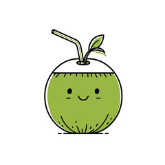 Cute cartoon coconut, green with a straw and smiling face, on a black background