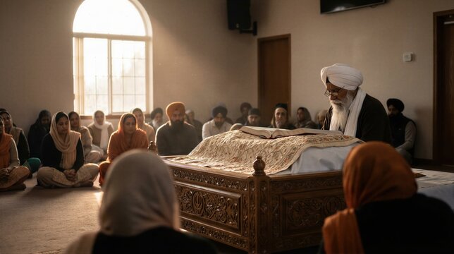 Older man reading from holy book at a religious ceremony in a spiritual setting with men and women seated during a memorial service.