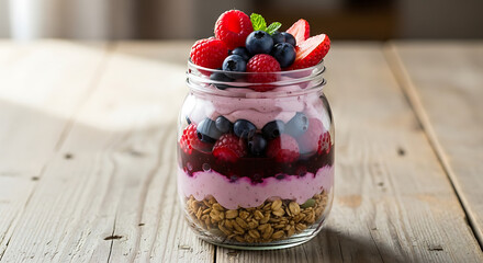 Layered berry parfait in a glass jar