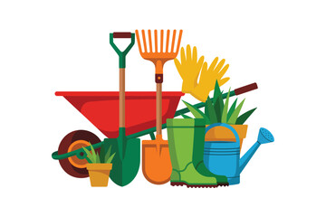 A collection of gardening tools and plants in a colorful illustration
