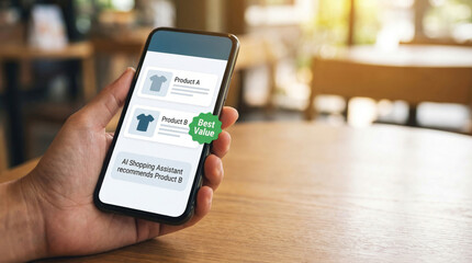 User Holding Smartphone Using AI Assistant to Compare Two Products with Best Value Recommendation Badge