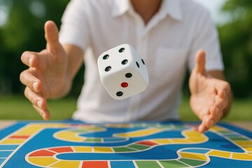 Dice Roll: Capturing a moment of anticipation, a die is suspended mid-air above a vibrant game board. This image encapsulates the essence of chance, strategy, and recreational activity.