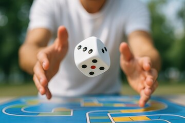 Chance Encounter: A moment captured, a hand poised to influence the outcome, as a die tumbles through the air, promising a game of fortunes and gambles.