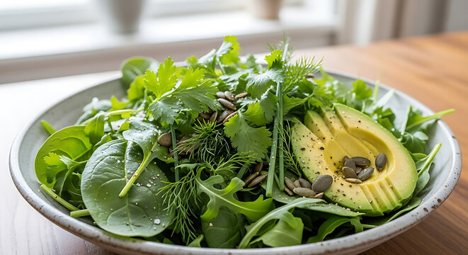 Fresh green salad with avocado and nuts