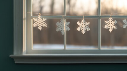 A cozy winter scene featuring a window adorned with decorative snowflake cutouts against a softly lit background.