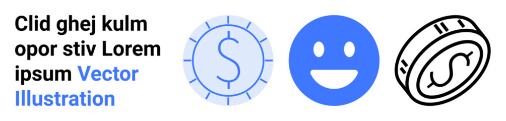 Fototapeta premium Finance, digital economy, online transactions, cryptocurrency, financial well-being, digital expression. Blue dollar symbol, happy face and outlined coin design. Finance and digital economy concept