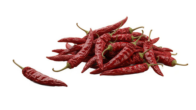 A close-up shot of a large pile of hot dried red chili peppers on a black background isolated on transparent background, illustration